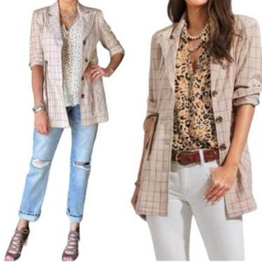 CABI Khaki Windowpane Jacket 6026 Cinched & Adjustable Waist Button Front. Large